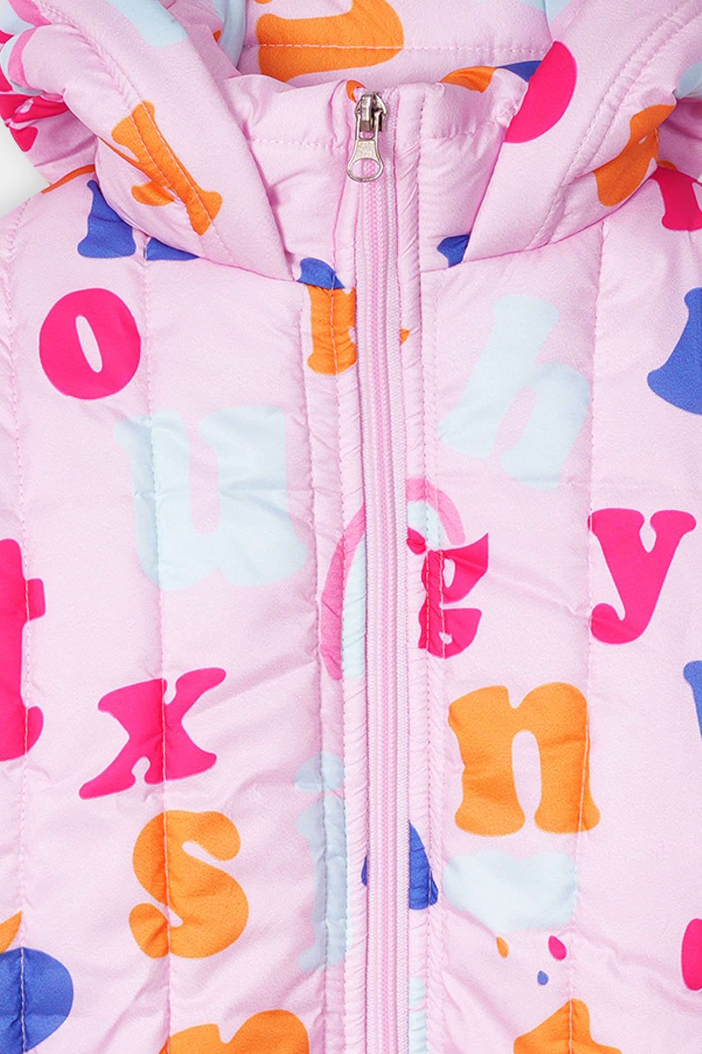 Kids' Alphabet Print Hooded Puffer Jacket – Pink Multicolor