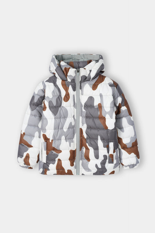 Children’s Quilted Puffer Jacket with Camouflage Print and Hood