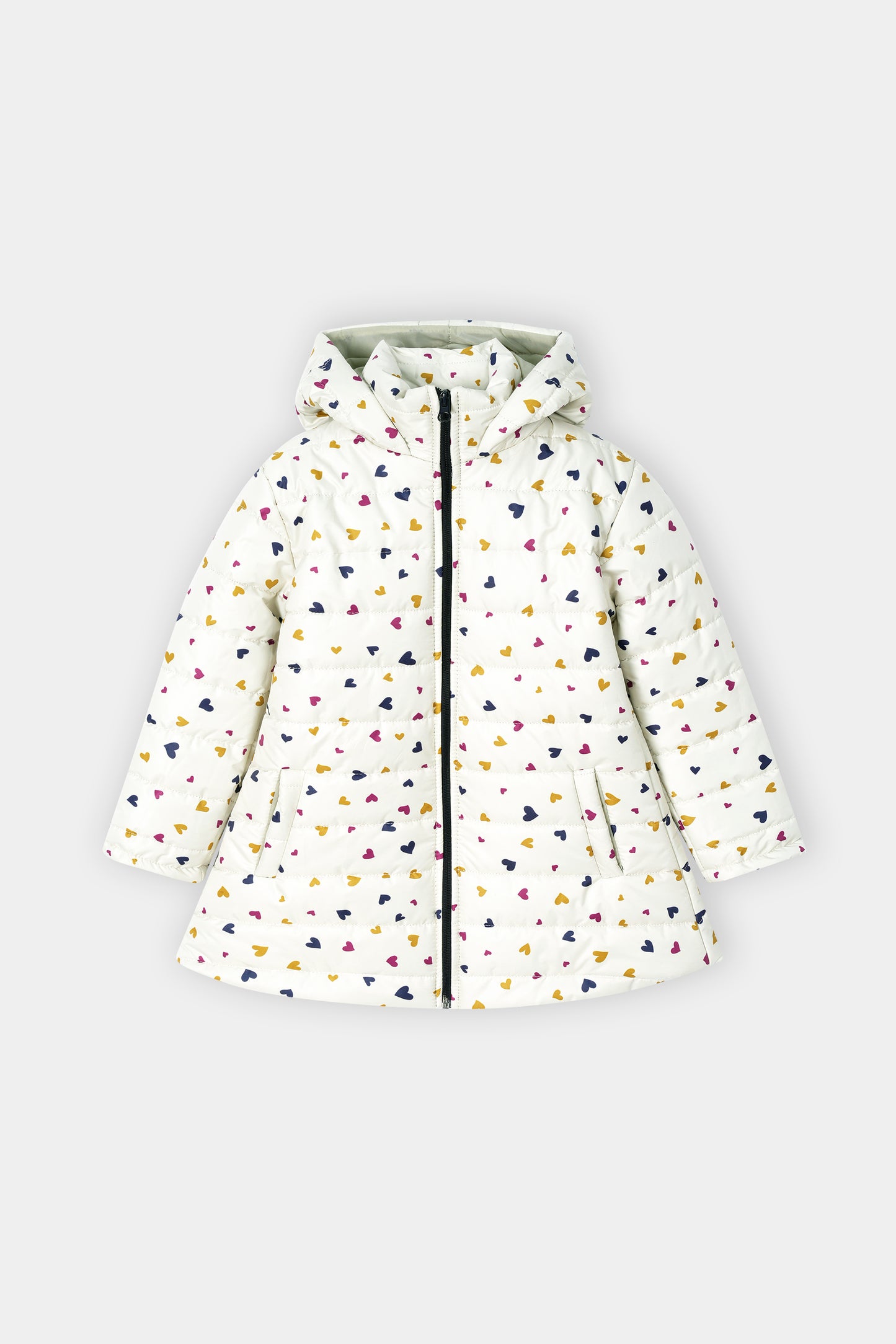 Girls’ Winter Puffer Jacket – White Quilted jacket with Multicolor Heart Print