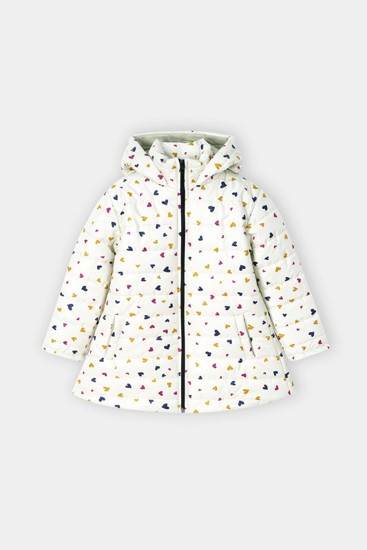 Girls’ Winter Puffer Jacket – White Quilted jacket with Multicolor Heart Print