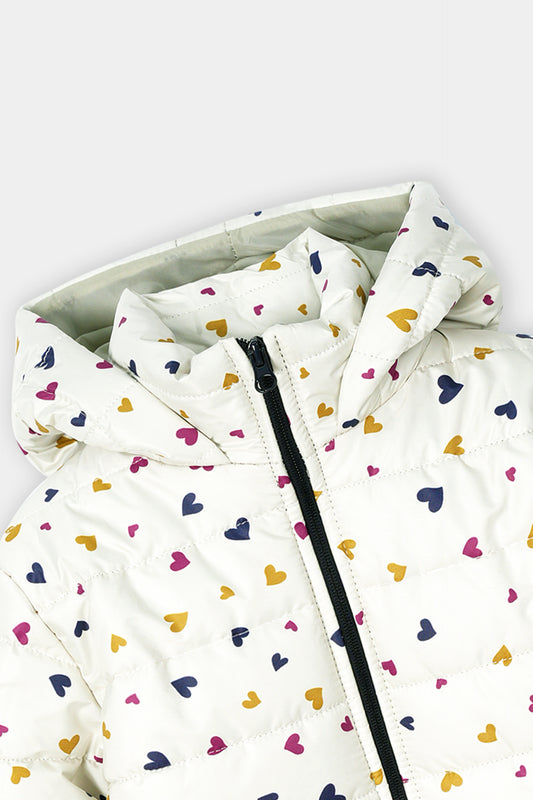 Girls’ Winter Puffer Jacket – White Quilted jacket with Multicolor Heart Print
