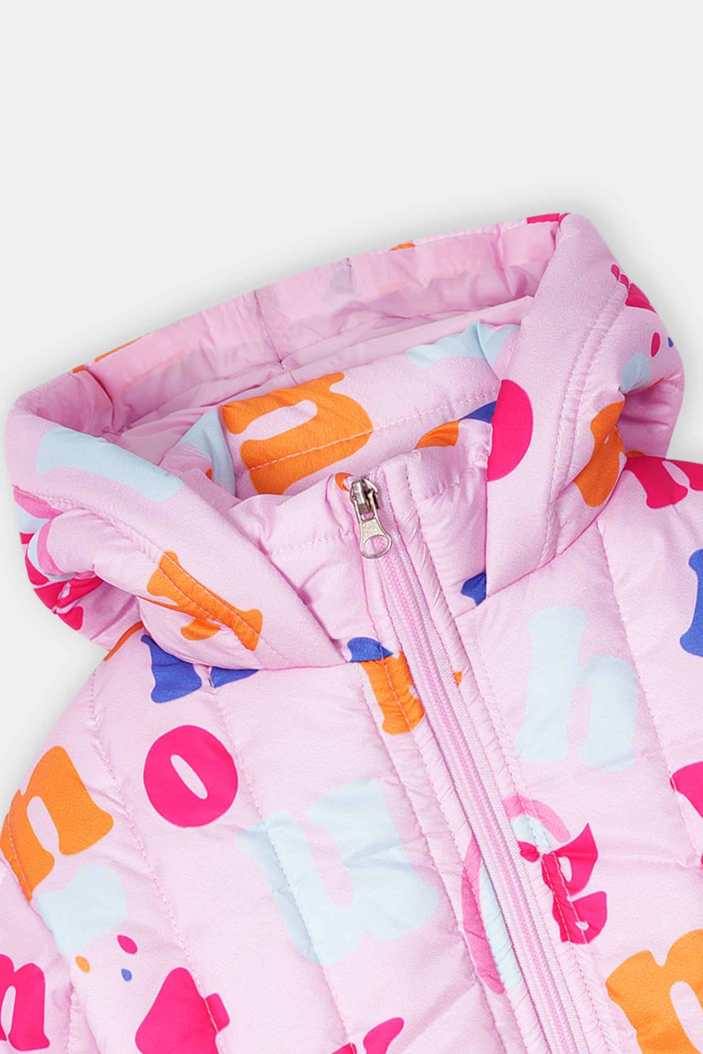 Kids' Alphabet Print Hooded Puffer Jacket – Pink Multicolor