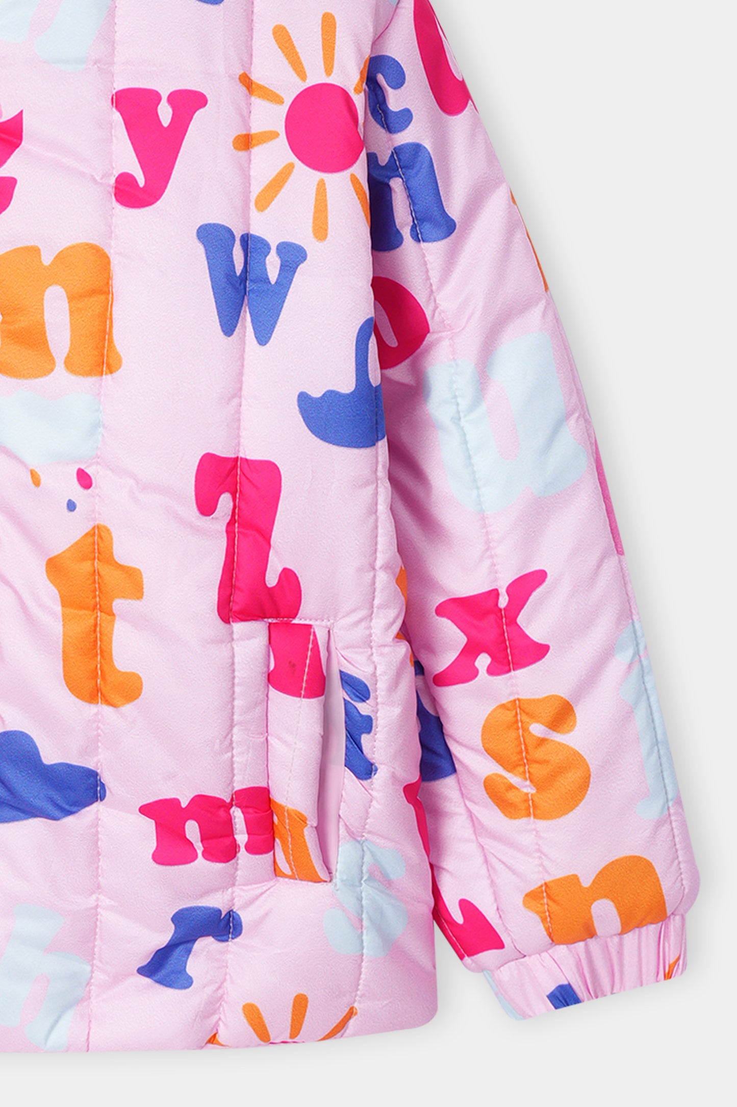 Kids' Alphabet Print Hooded Puffer Jacket – Pink Multicolor