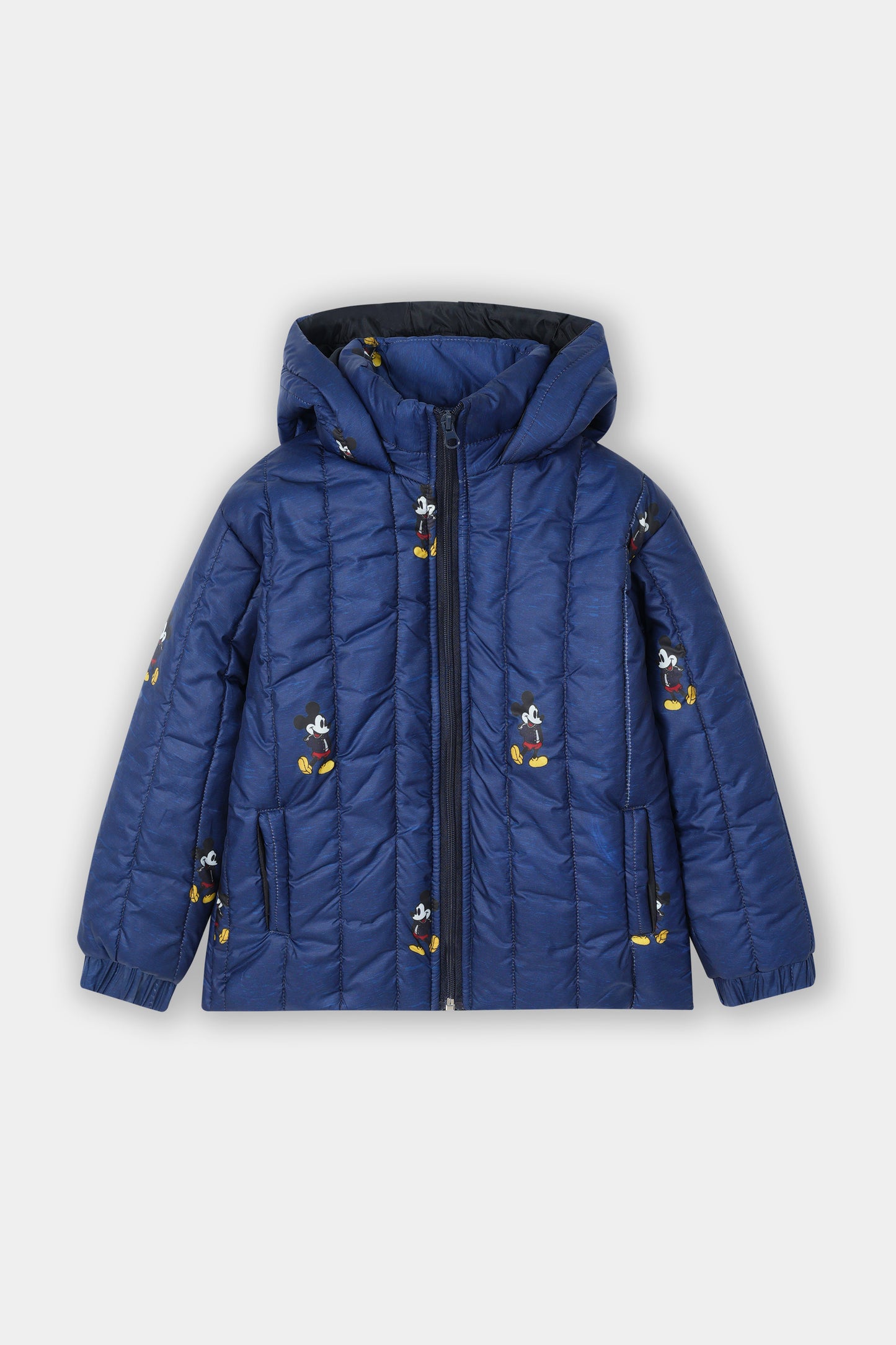 Kids' Navy Blue Quilted Hooded Jacket with Character Print